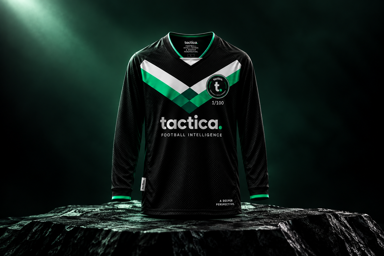 Concept illustration of the numbered black, white and green tactica. Founding Edition football shirt