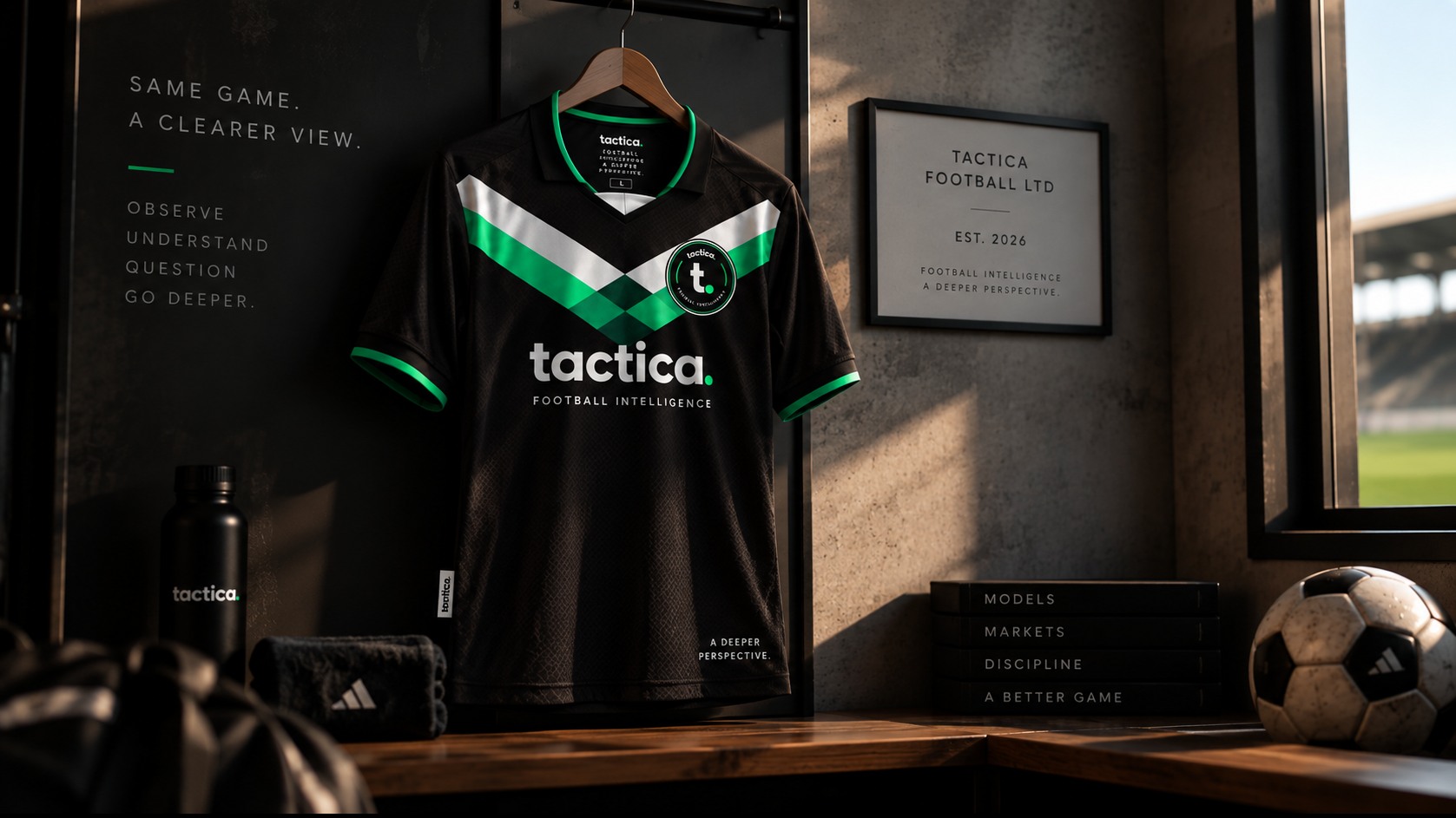 tactica. football jersey hanging in a club-style setting beside a TACTICA FOOTBALL LTD EST. 2026 plaque